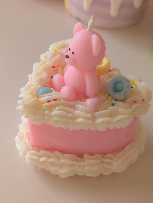 Cute Fruit Loop Teddy bear Whipped Pink Cake Candle