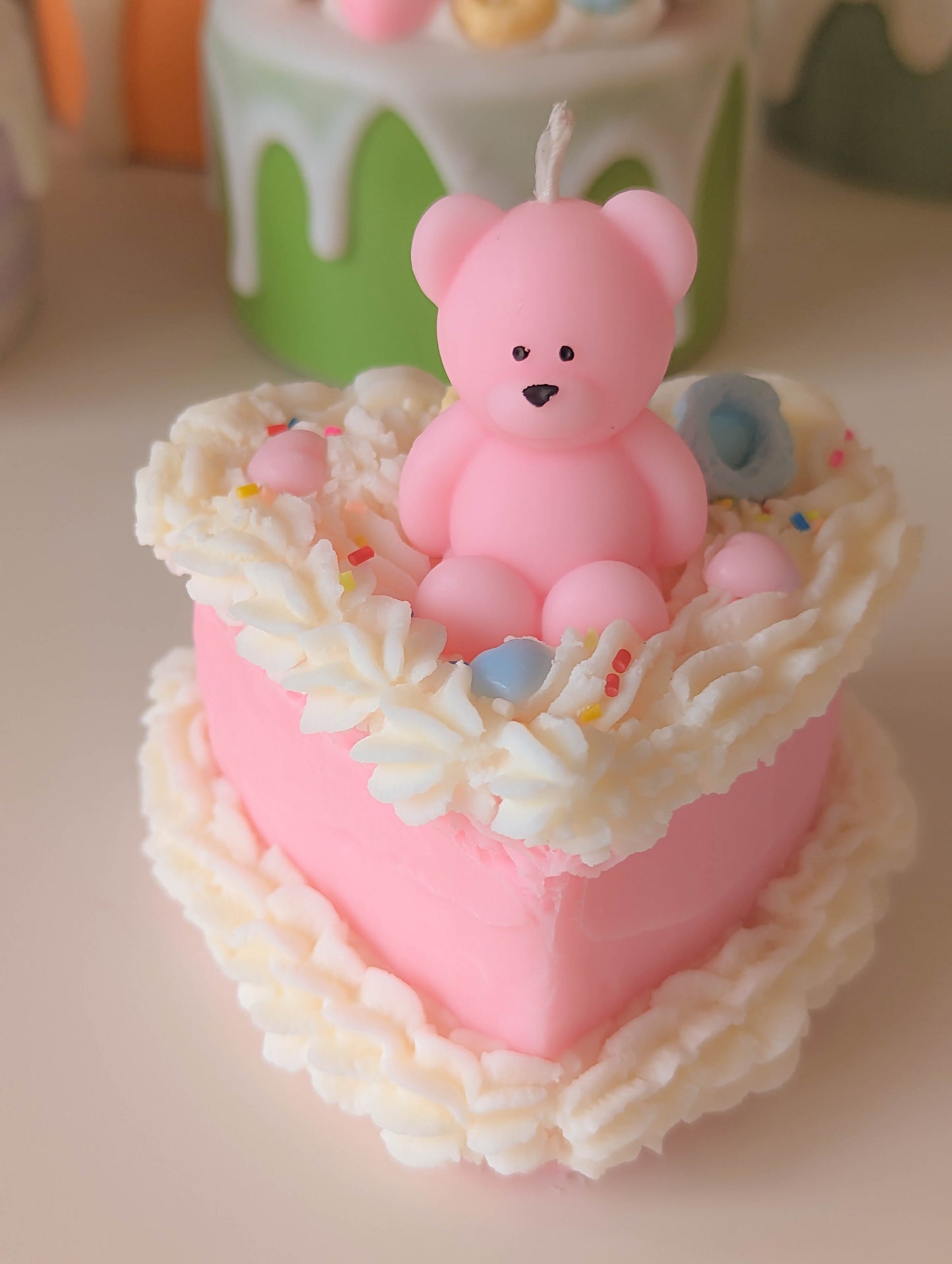 Cute Fruit Loop Teddy bear Whipped Pink Cake Candle