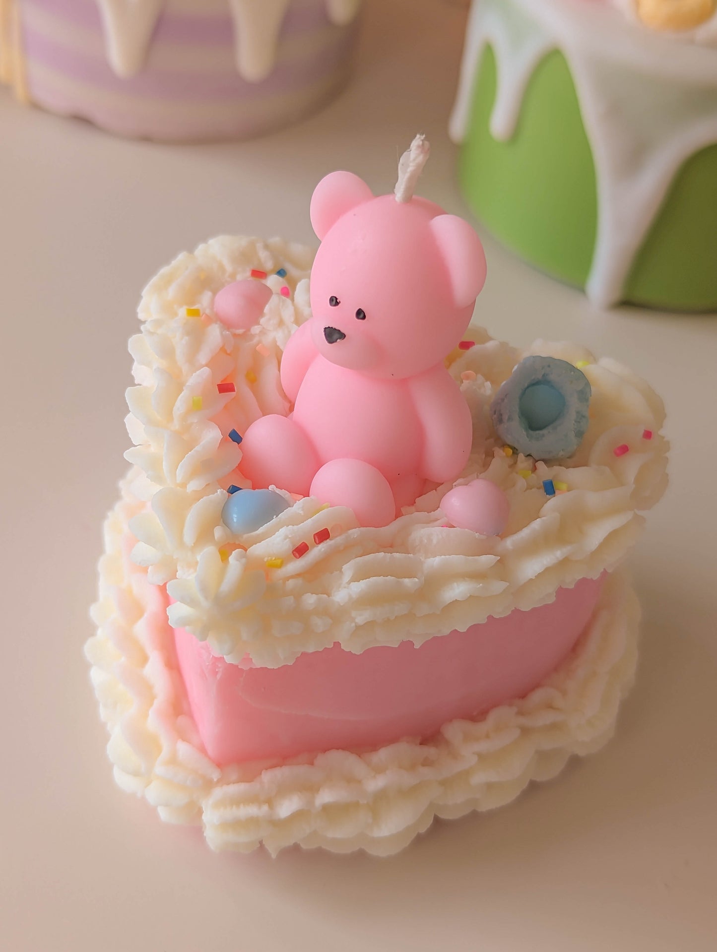 Cute Fruit Loop Teddy bear Whipped Pink Cake Candle