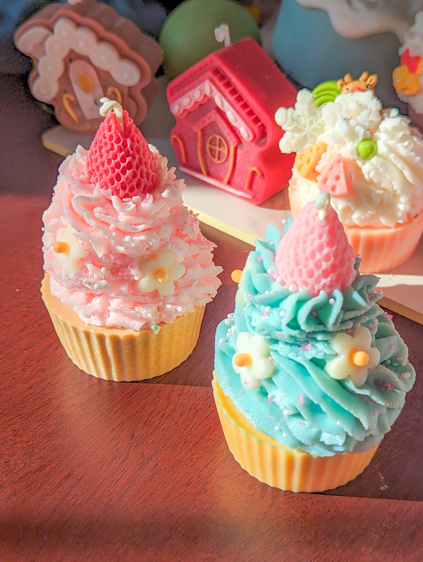 Cute Pink and Blue Strawberry Daisy Cupcake Candle