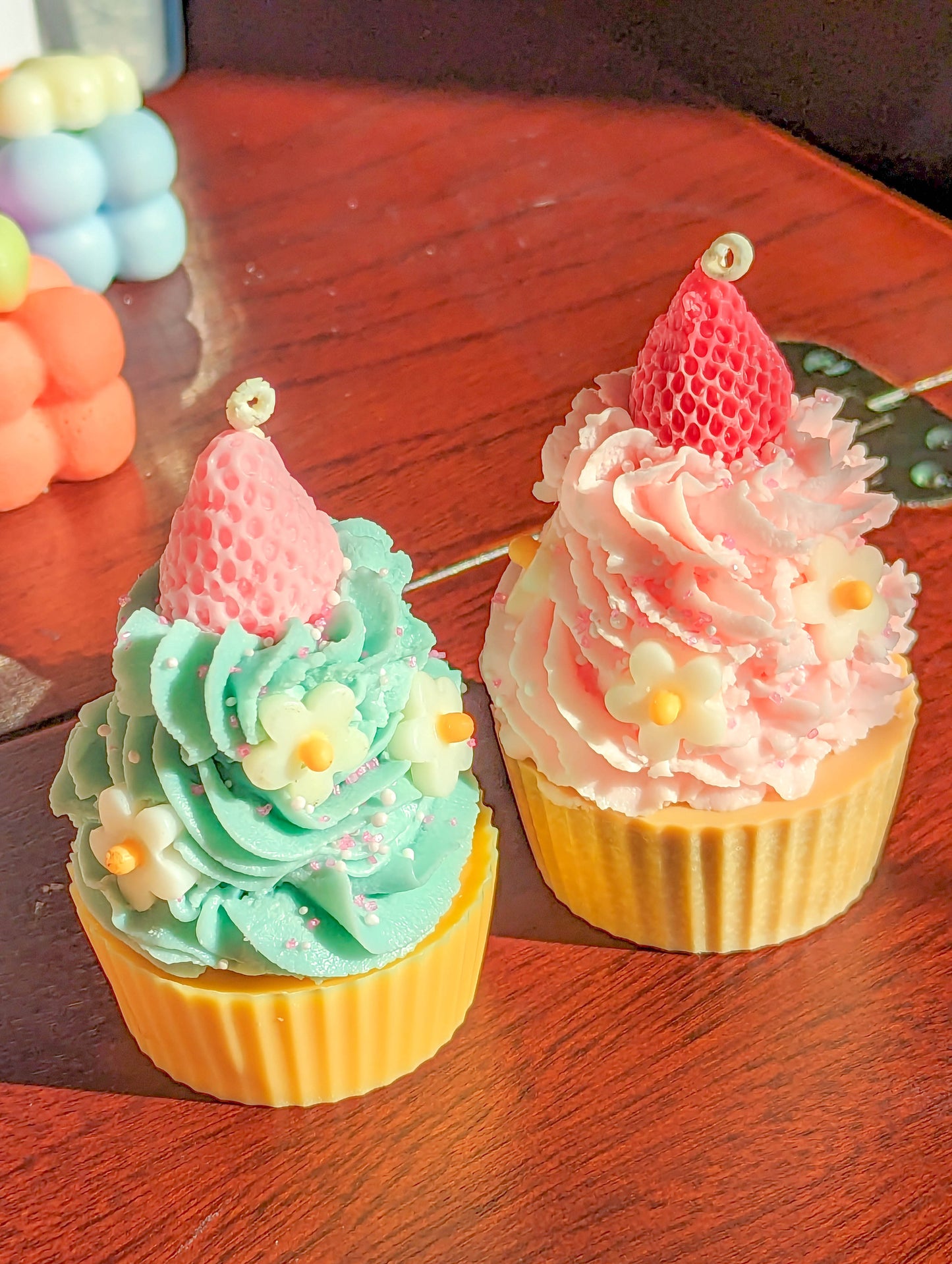 Cute Pink and Blue Strawberry Daisy Cupcake Candle