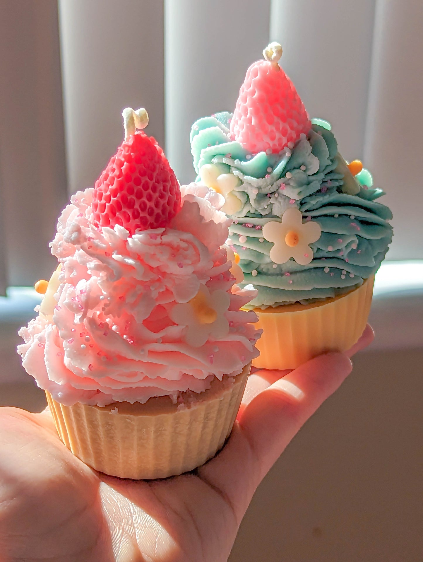 Cute Pink and Blue Strawberry Daisy Cupcake Candle