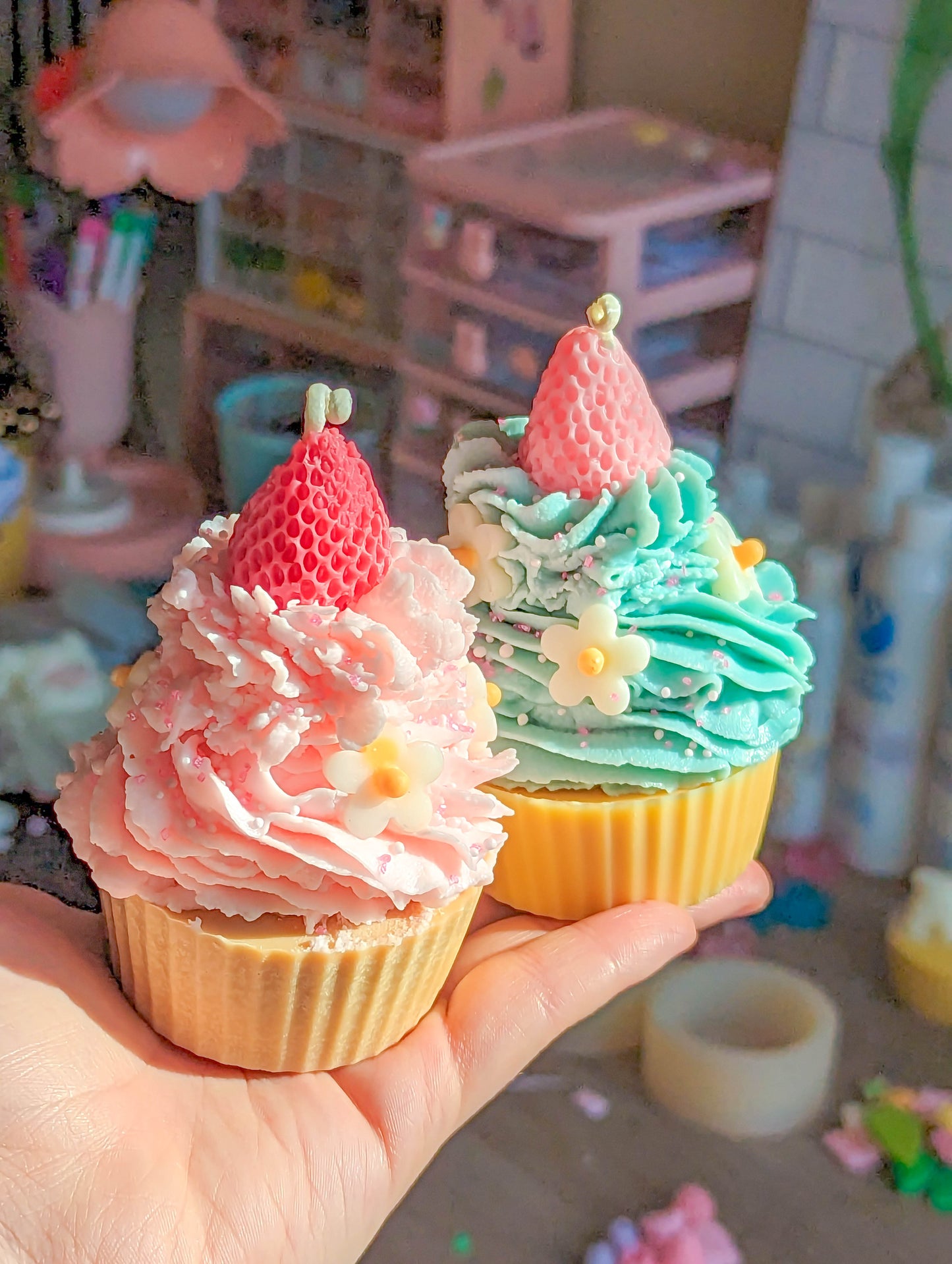 Cute Pink and Blue Strawberry Daisy Cupcake Candle