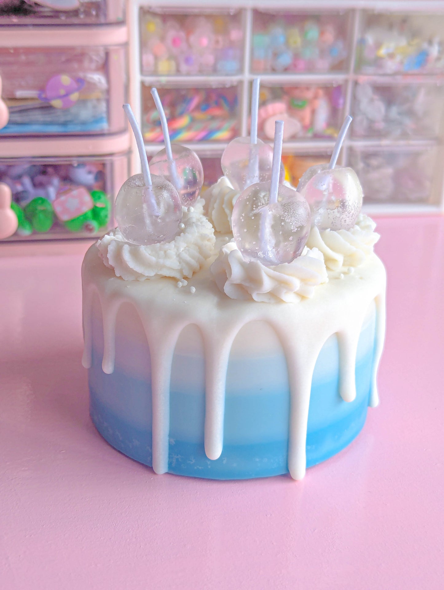 Kawaii Pastel Gradient Blue Rainbow Cherry Cake Candle