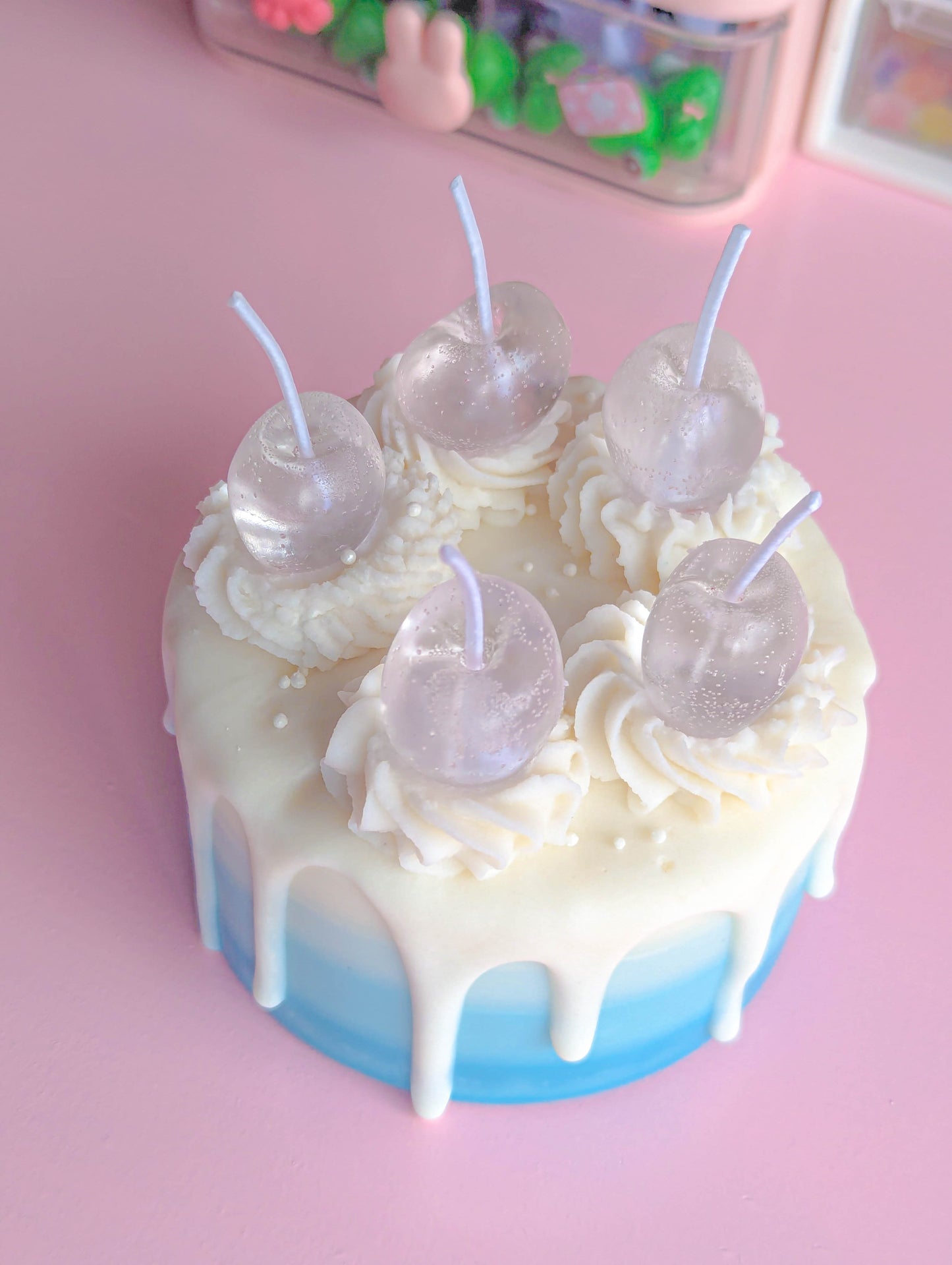 Kawaii Pastel Gradient Blue Rainbow Cherry Cake Candle