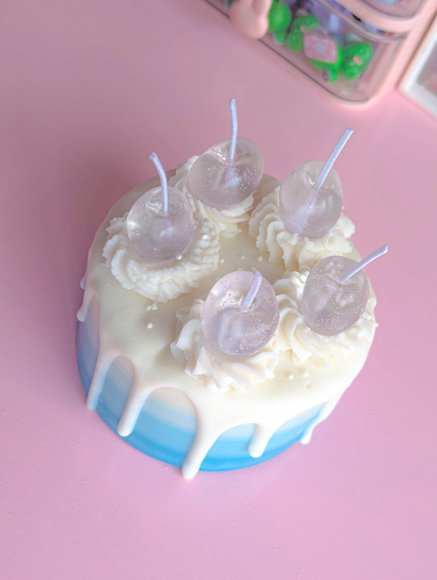 Kawaii Pastel Gradient Blue Rainbow Cherry Cake Candle