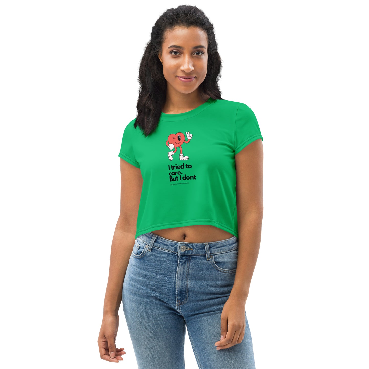 Cute Funny I Don't Care Retro Heart Green Crop Top