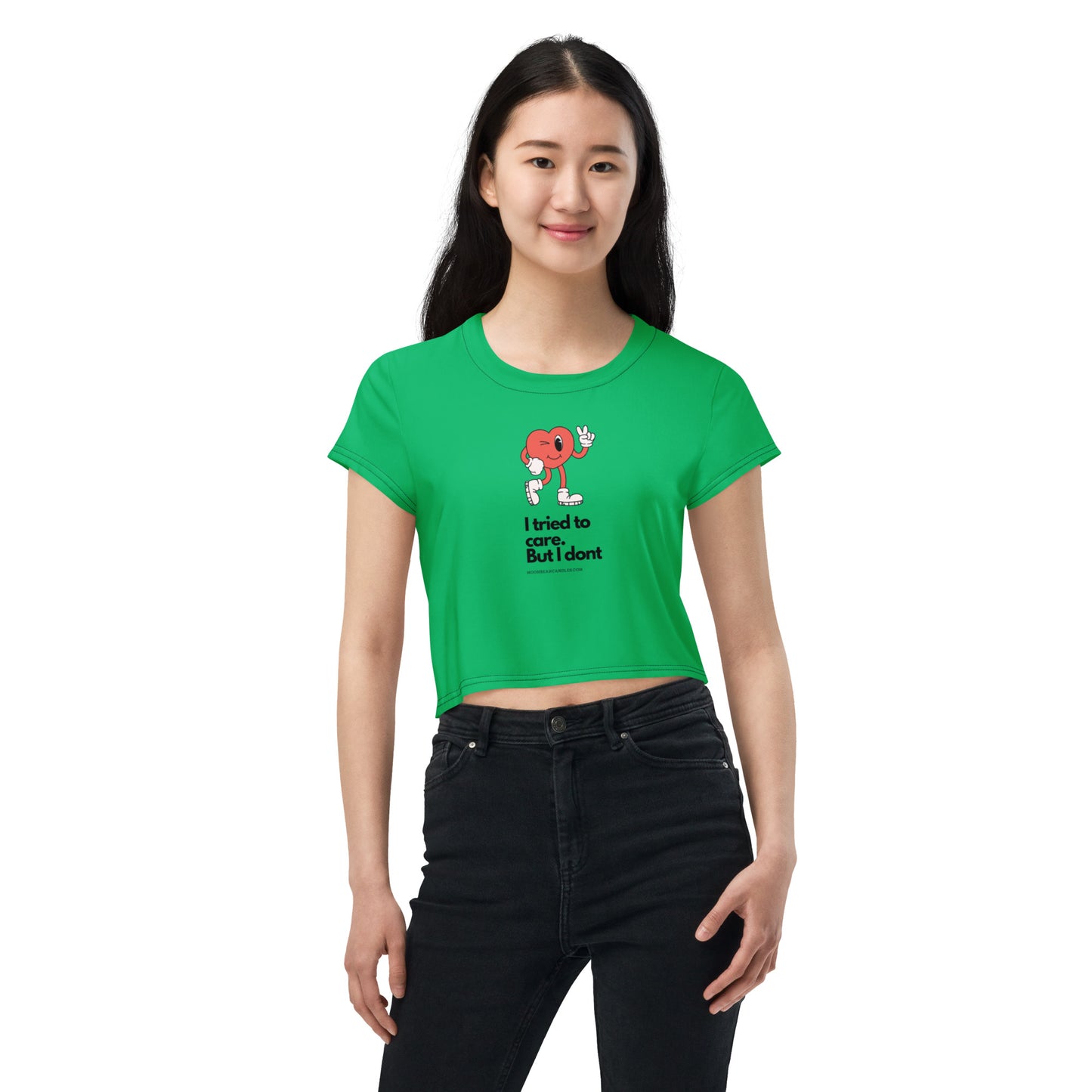 Cute Funny I Don't Care Retro Heart Green Crop Top