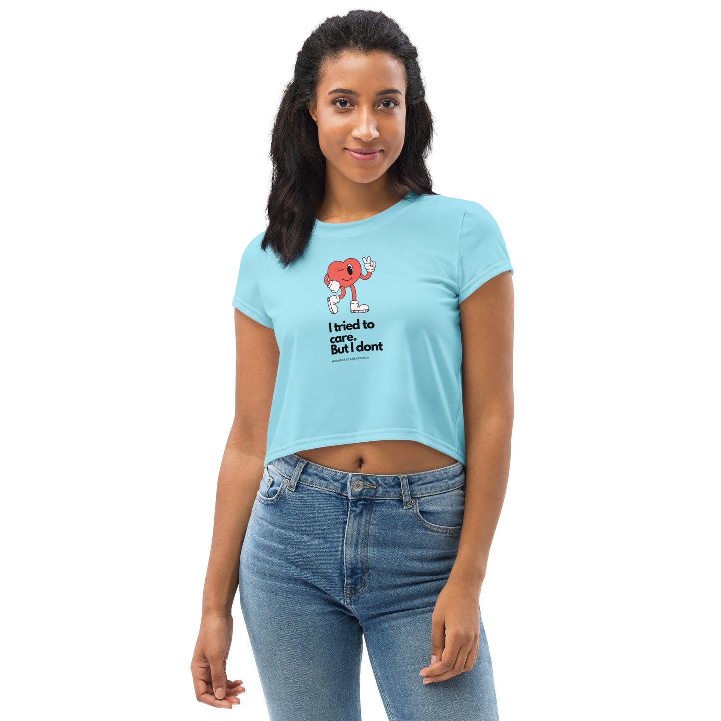 Cute Funny I Don't Care Retro Heart Blue Crop Top