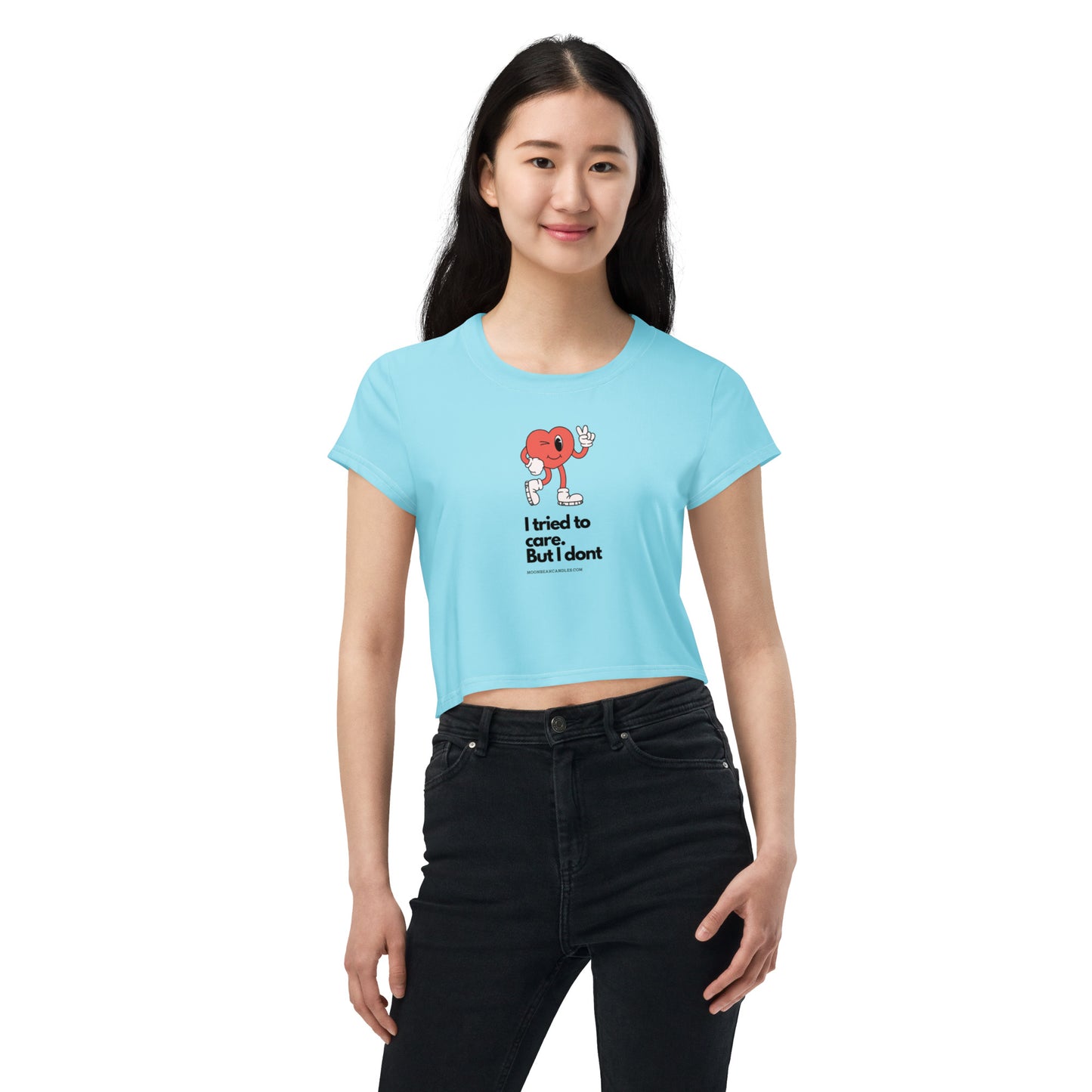 Cute Funny I Don't Care Retro Heart Blue Crop Top