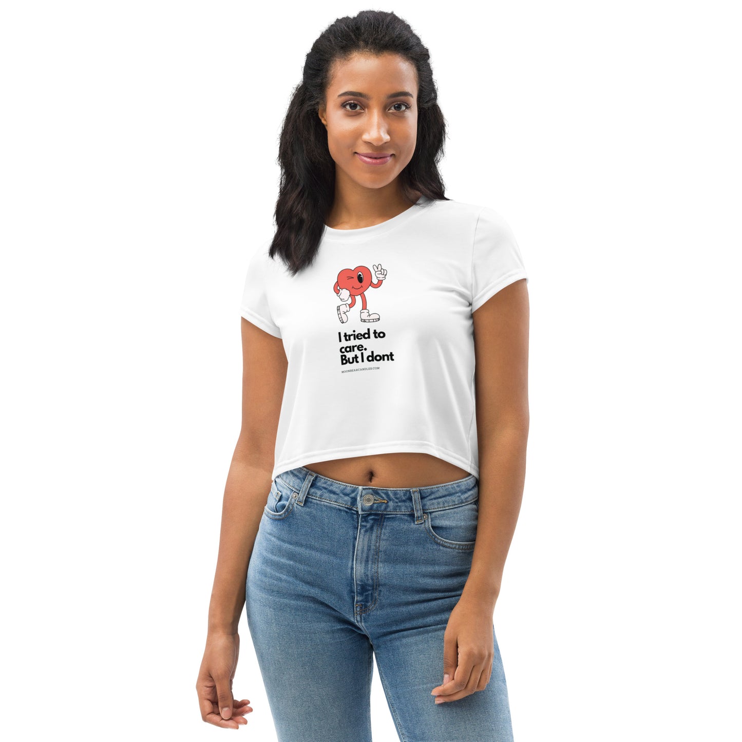 Cute Funny I Don't Care Retro Heart White Crop Top