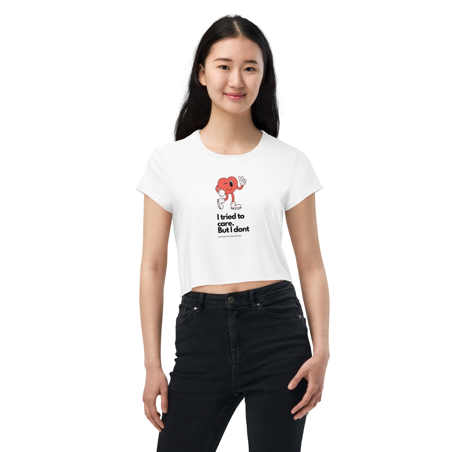 Cute Funny I Don't Care Retro Heart White Crop Top