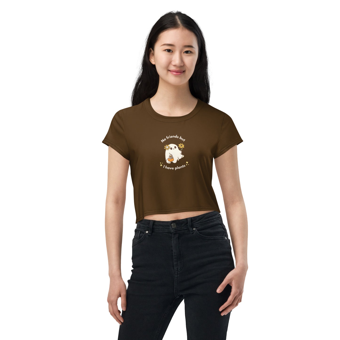 Cute Halloween Daisy Sunflower Ghost Plant Brown Crop Top