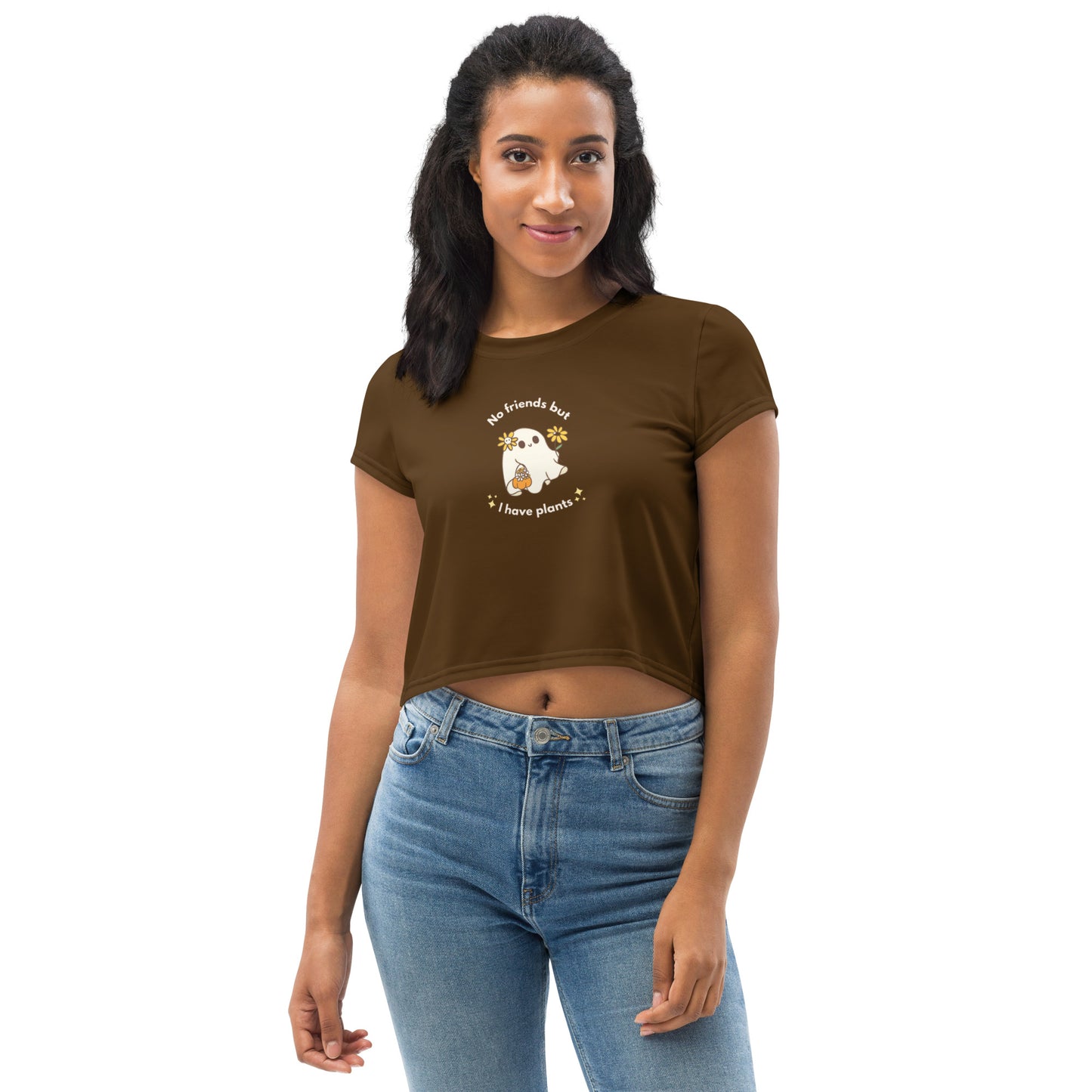 Cute Halloween Daisy Sunflower Ghost Plant Brown Crop Top