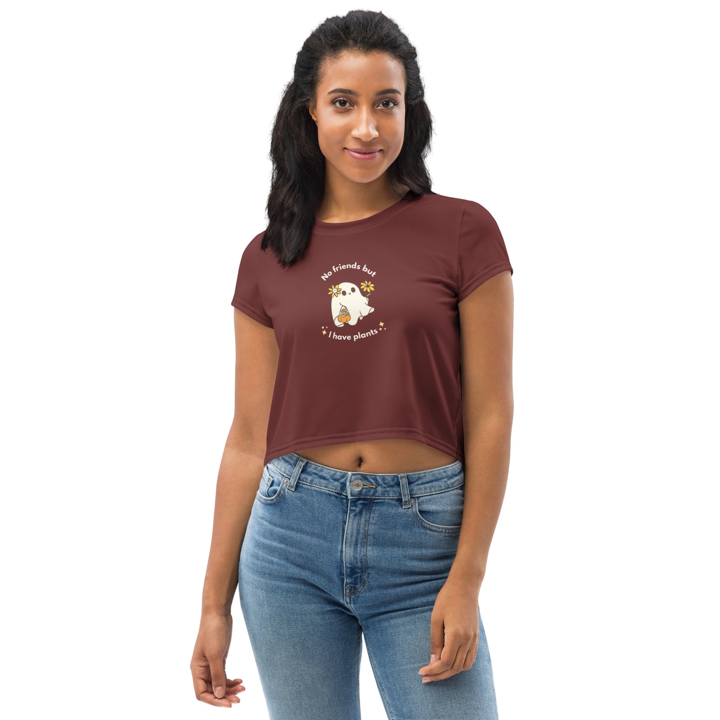 Cute Halloween Daisy Sunflower Ghost Plant Maroon Crop Top