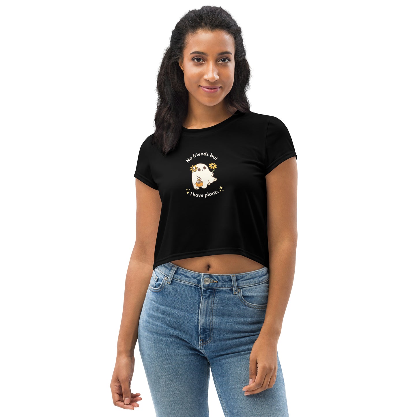 Cute Halloween Daisy Sunflower Ghost Plant Black Crop Top