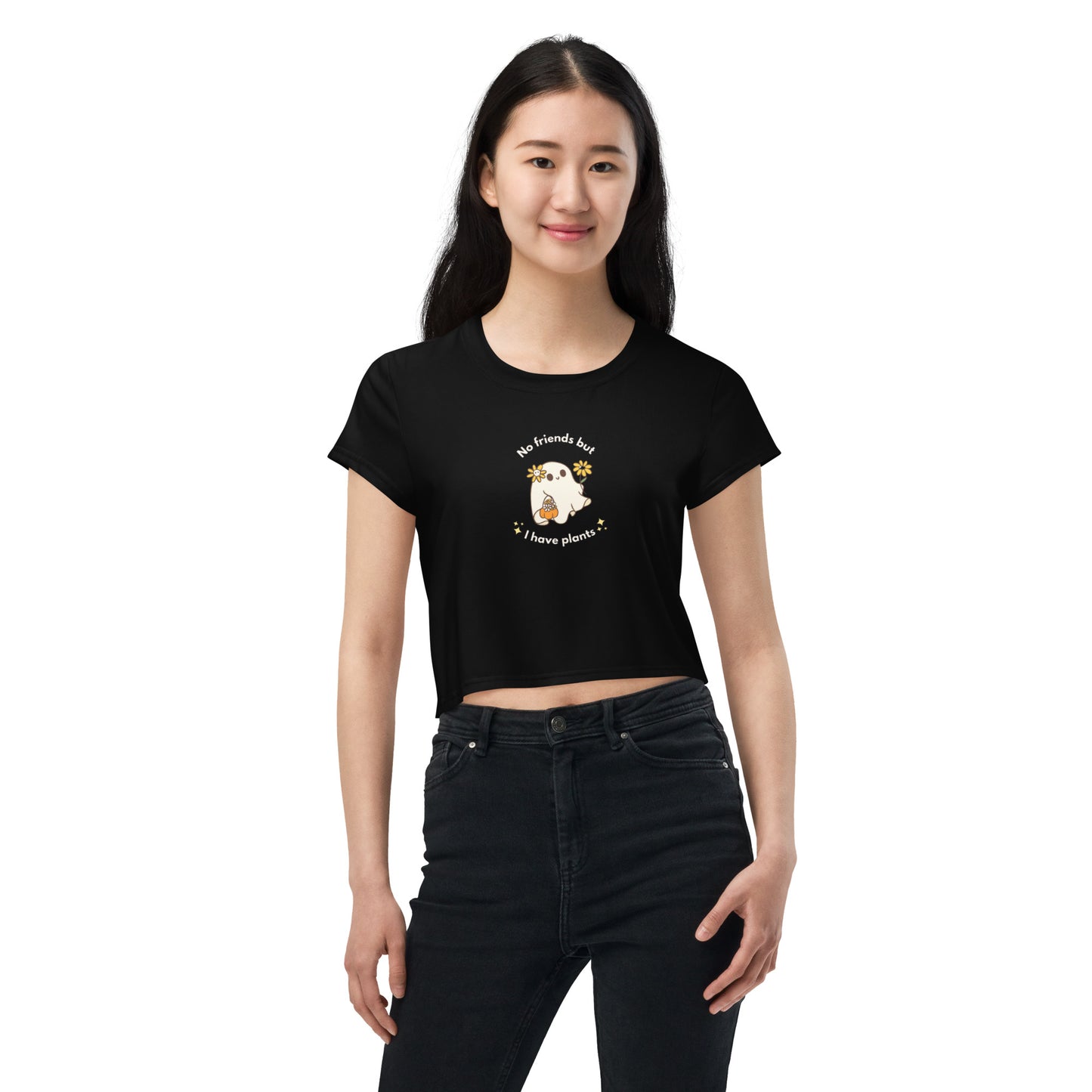 Cute Halloween Daisy Sunflower Ghost Plant Black Crop Top