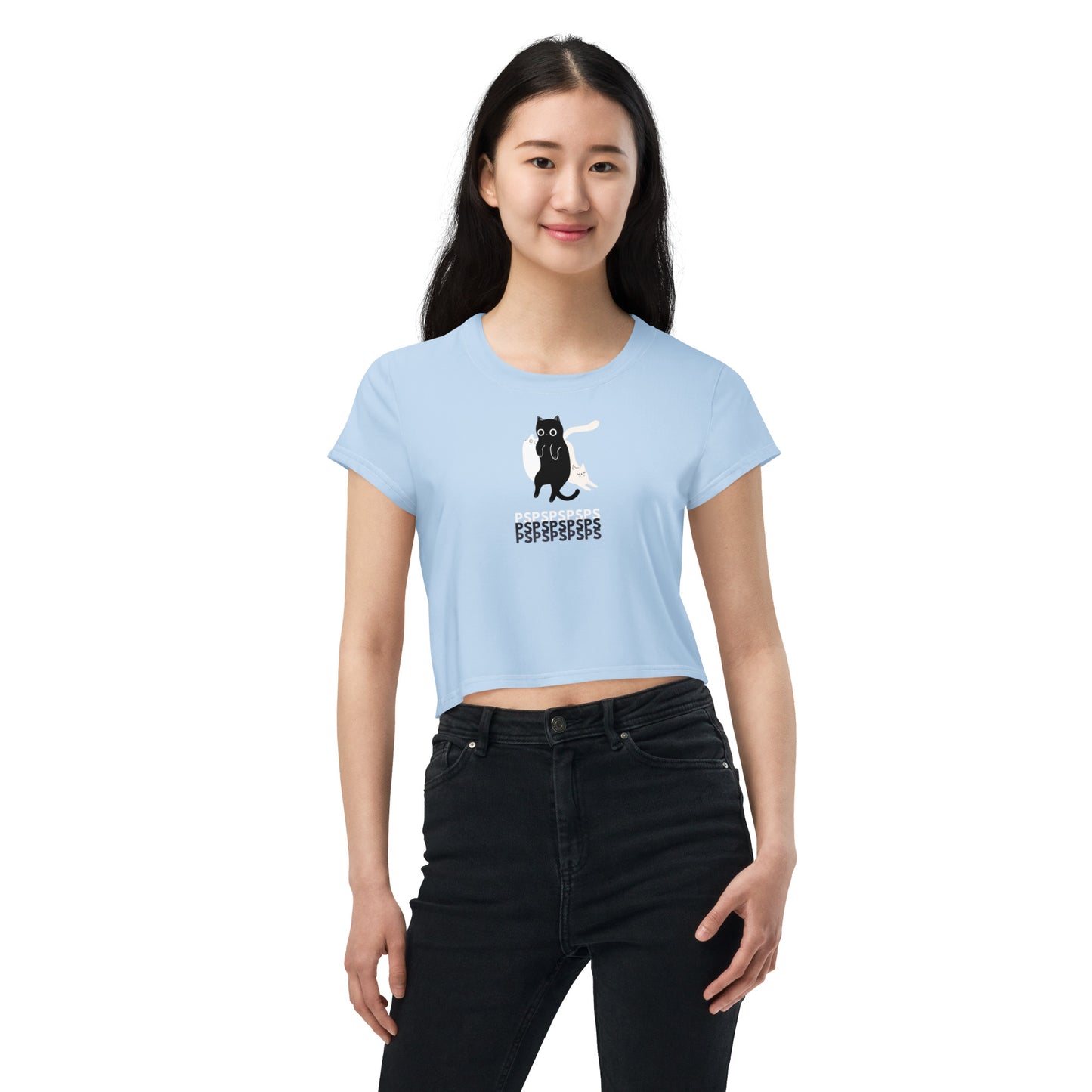 Cute Black White Cats PSPSPS Funny Cat Call Blue Crop Top