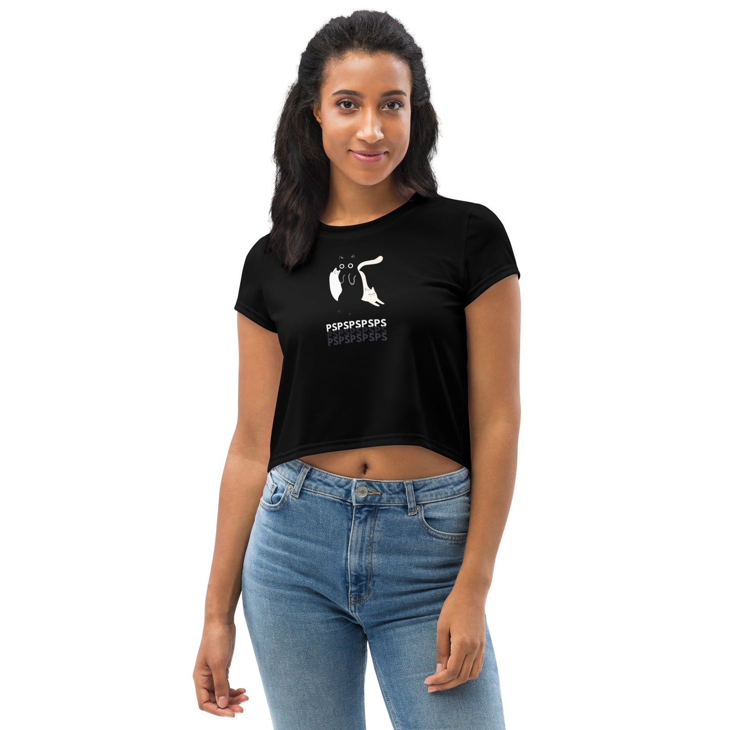 Cute Black White Cats PSPSPS Funny Cat Call Black Crop Top