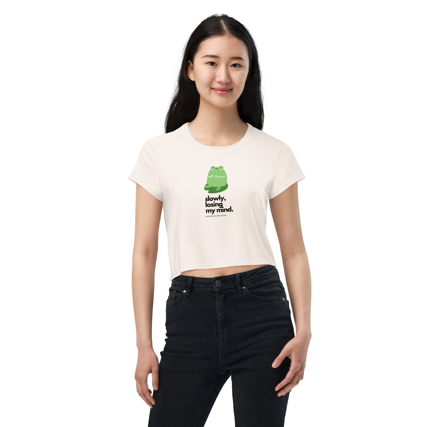 Kawaii Funny Anime Cartoon Frog Losing My Mind Meme Beige Crop Top