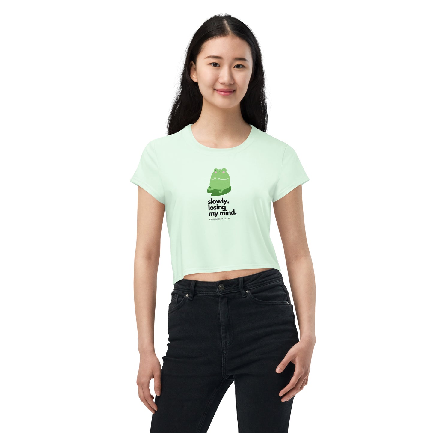 Kawaii Funny Anime Cartoon Frog Losing My Mind Meme Green Crop Top