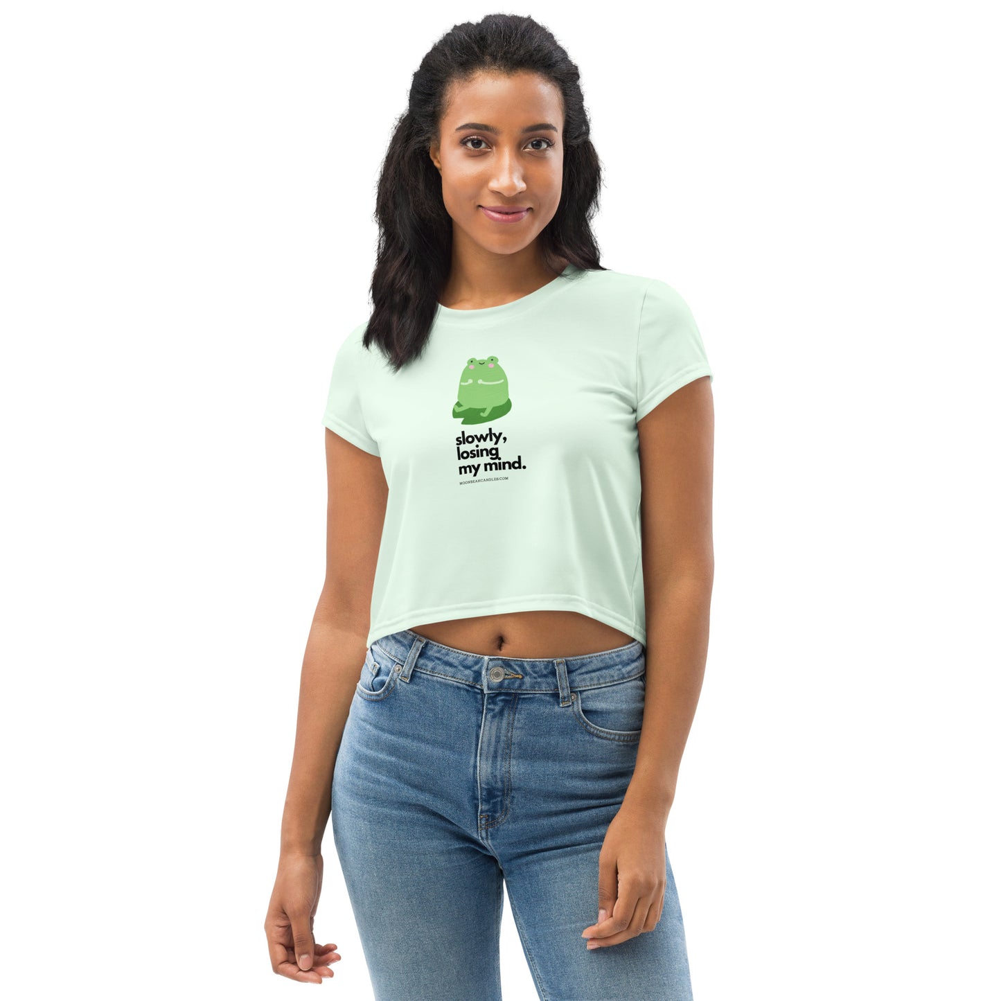 Kawaii Funny Anime Cartoon Frog Losing My Mind Meme Green Crop Top