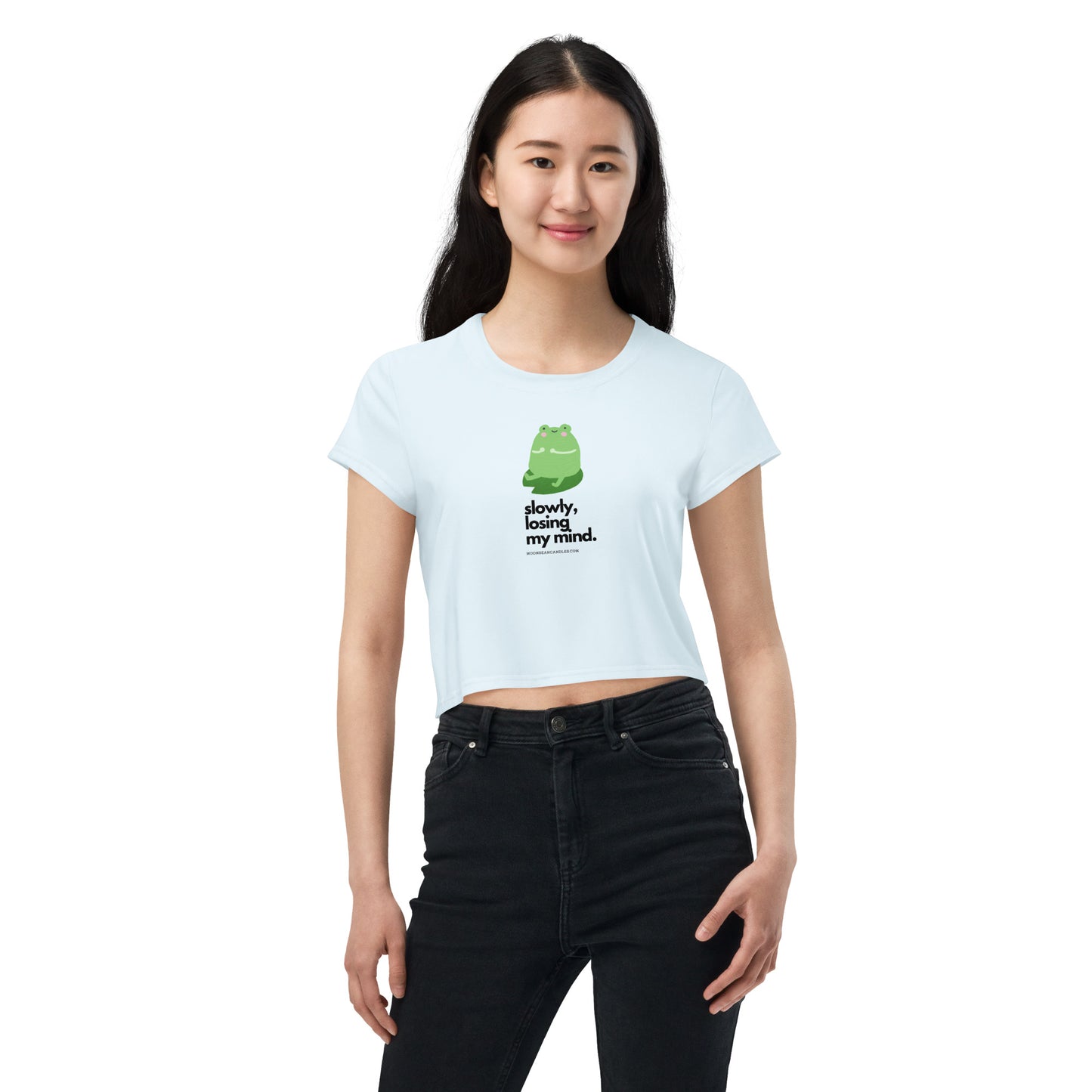 Kawaii Funny Anime Cartoon Frog Losing My Mind Meme Blue Crop Top