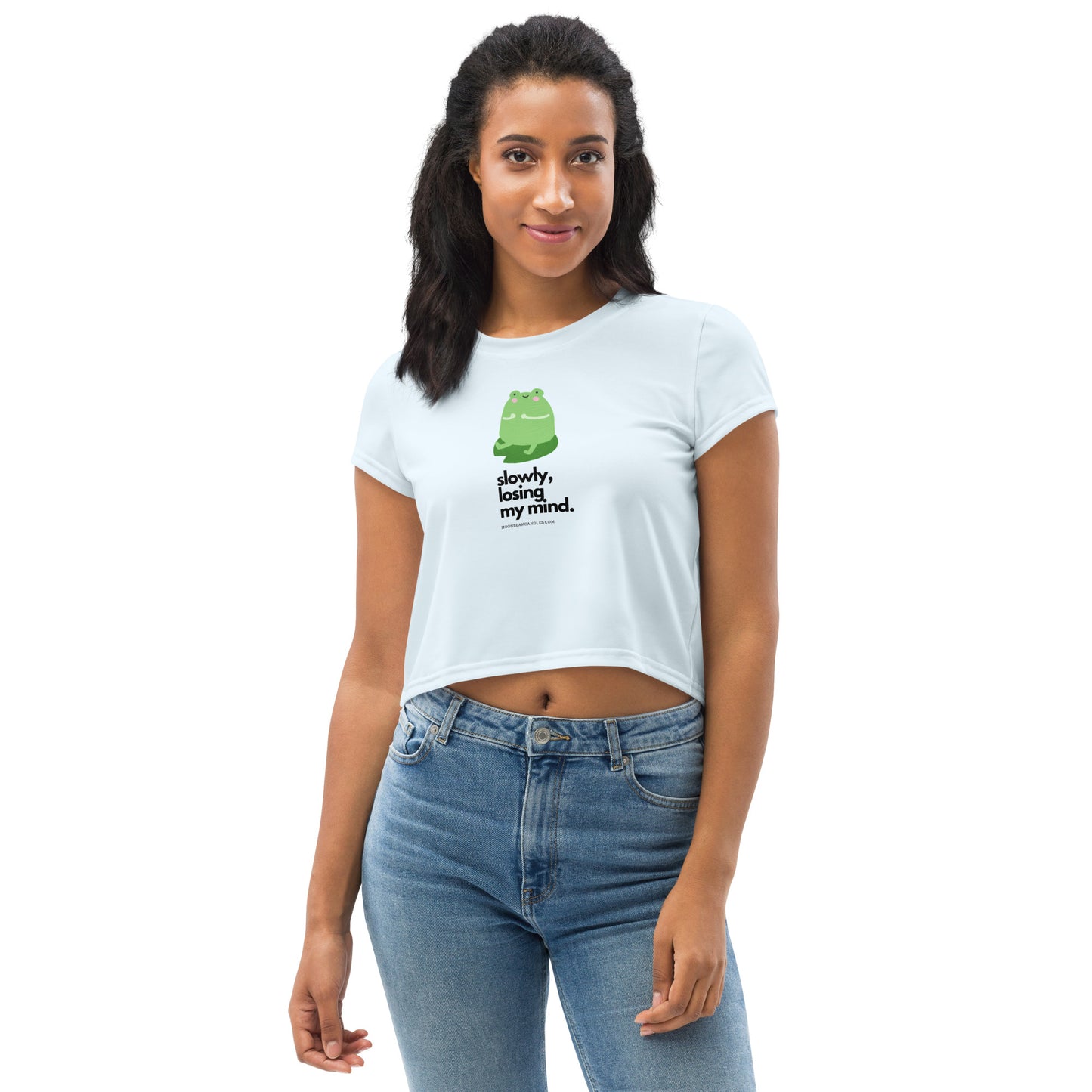 Kawaii Funny Anime Cartoon Frog Losing My Mind Meme Blue Crop Top