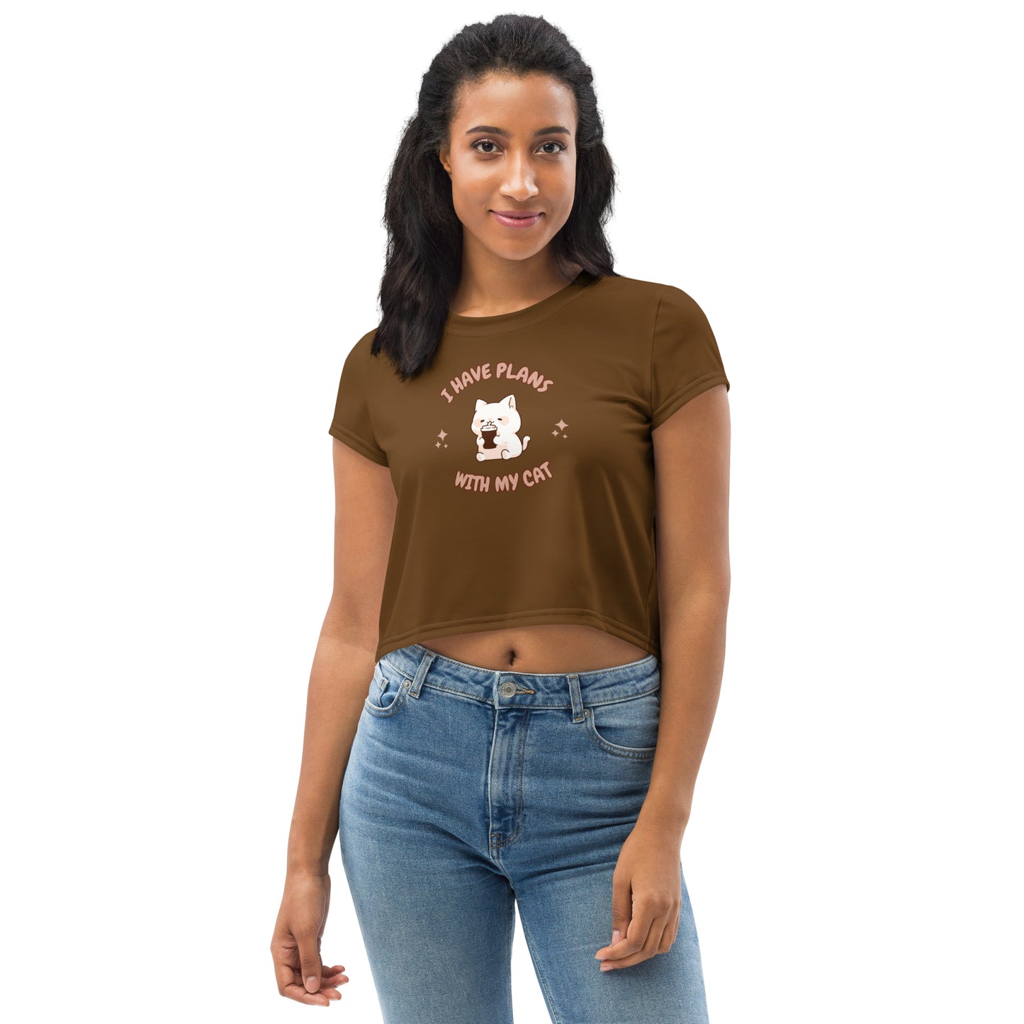 Kawaii Funny Anime Cartoon I Have Plans With My Cat Brown Crop Top