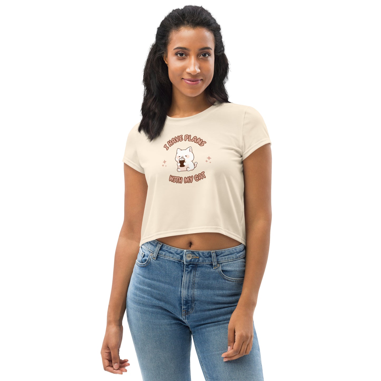 Kawaii Funny Anime Cartoon I Have Plans With My Cat Beige Crop Top