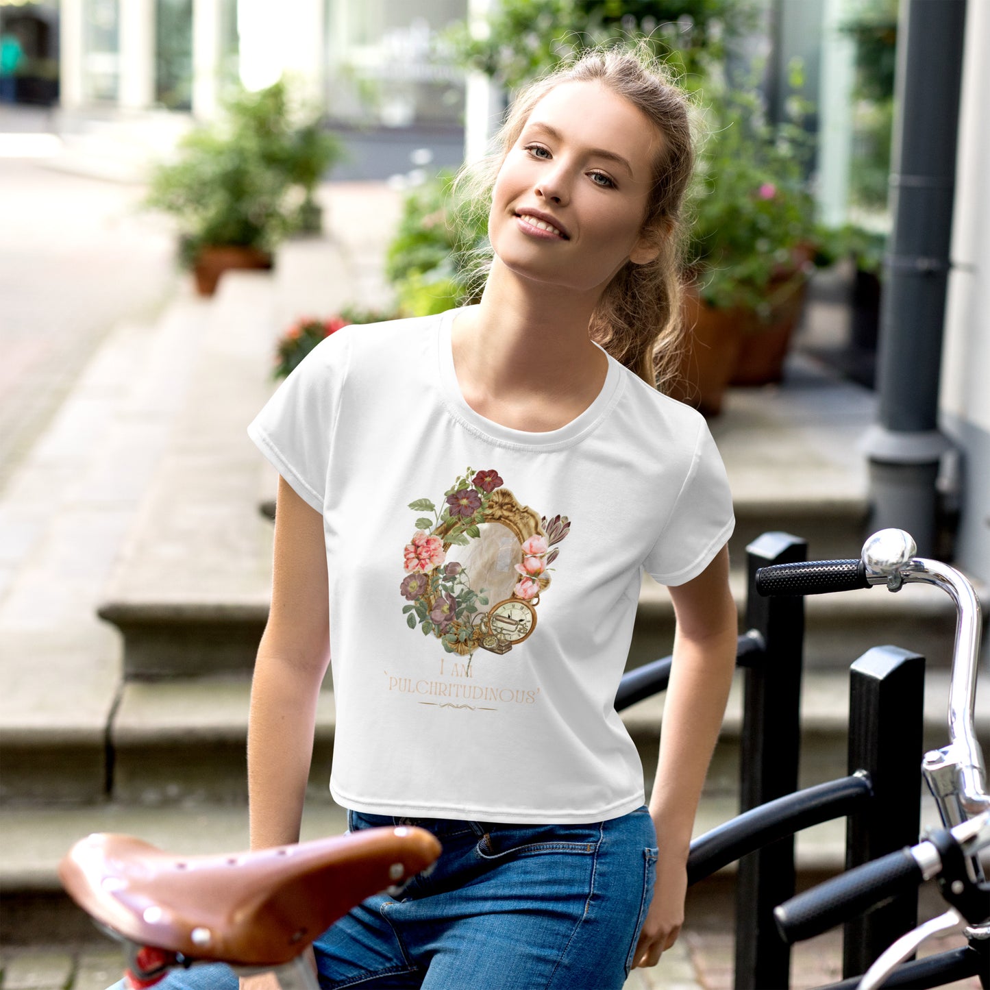 Beautiful Vintage Mirror Flowers I am Beautiful White Crop Top