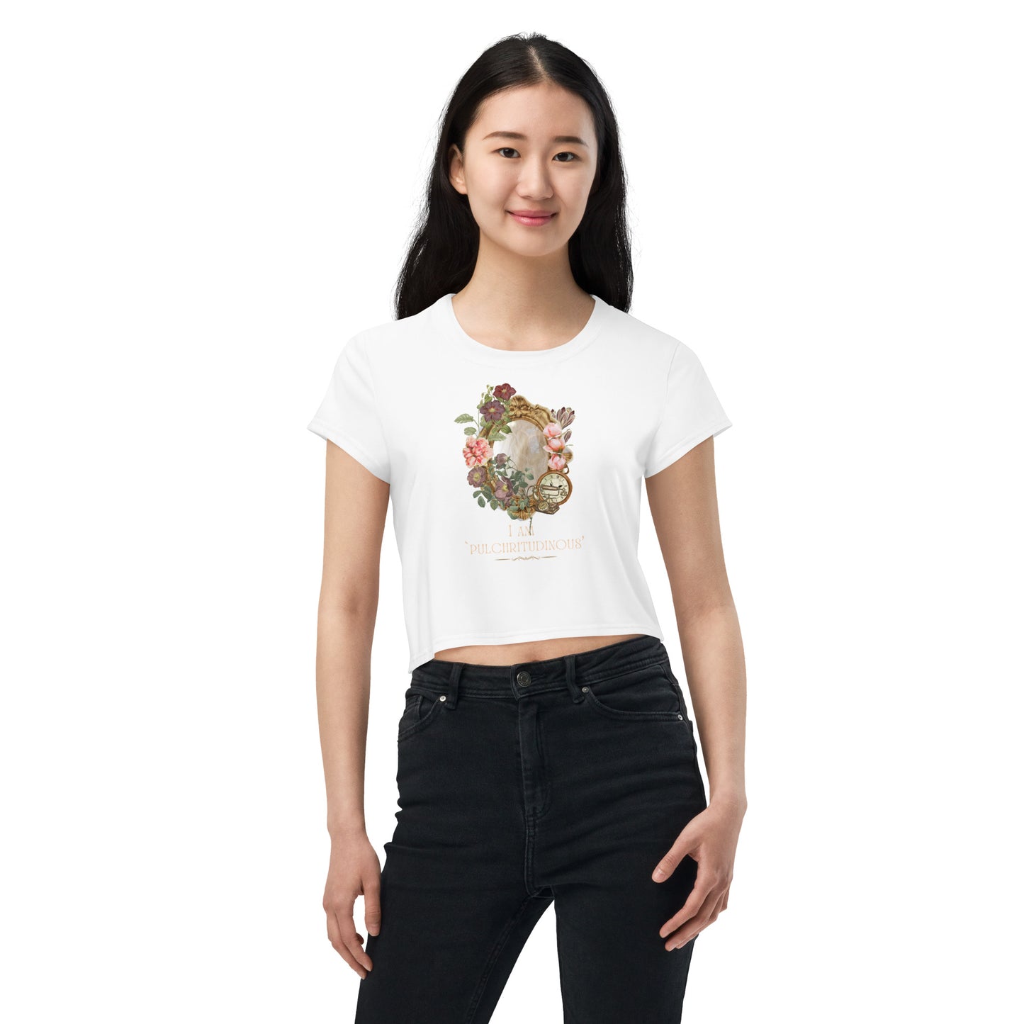 Beautiful Vintage Mirror Flowers I am Beautiful White Crop Top