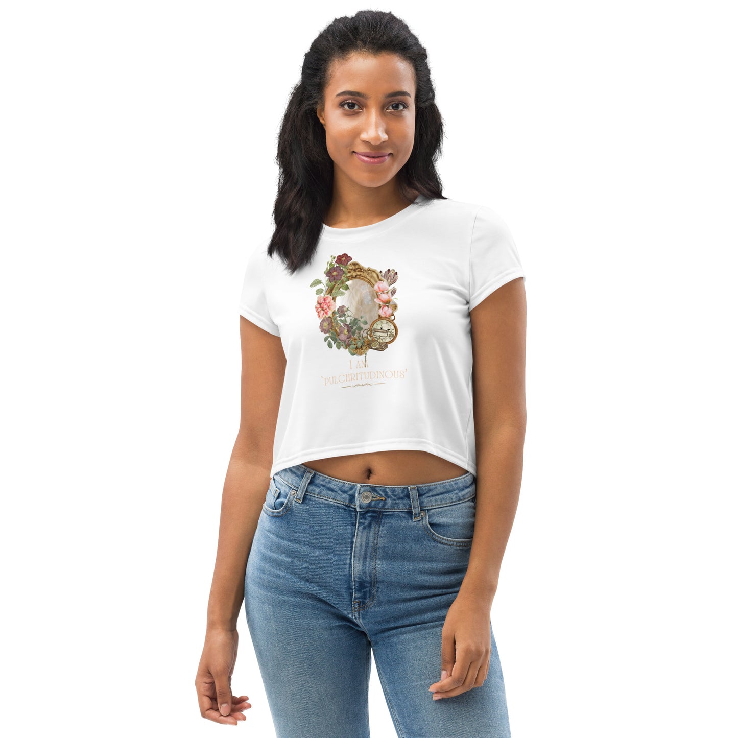 Beautiful Vintage Mirror Flowers I am Beautiful White Crop Top