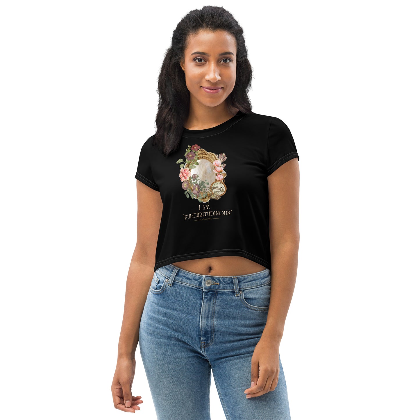 Beautiful Vintage Mirror Flowers I am Beautiful Black Crop Top