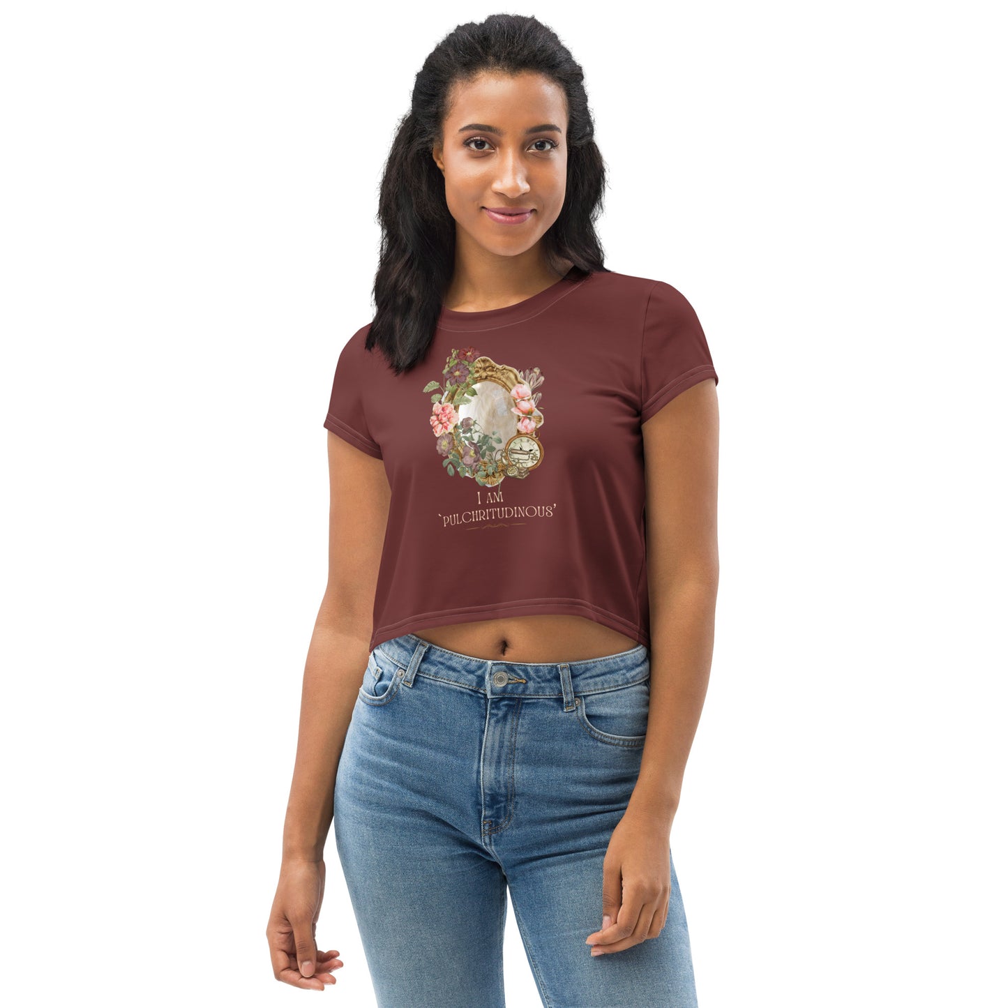 Beautiful Vintage Mirror Flowers I am Beautiful Maroon Crop Top