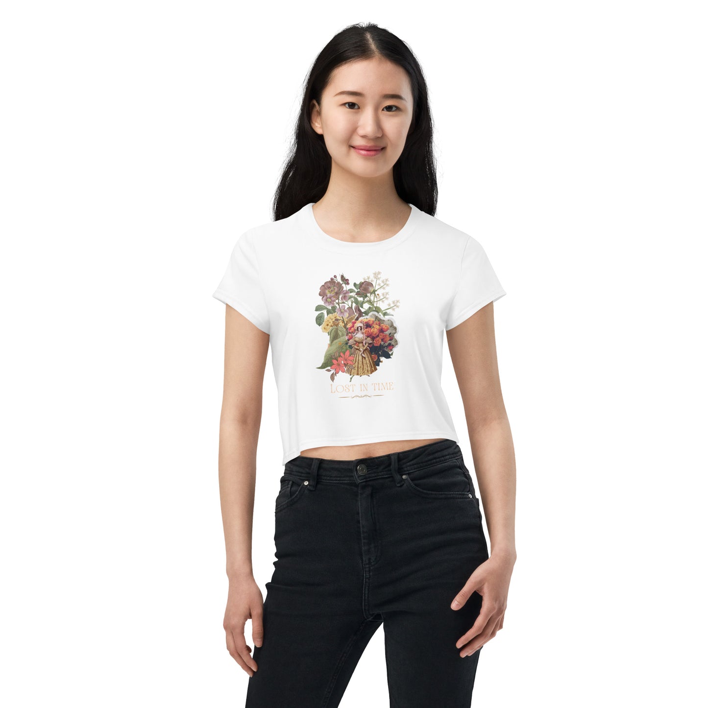 Beautiful Vintage Flowers Collage Lost In Time White Crop Top