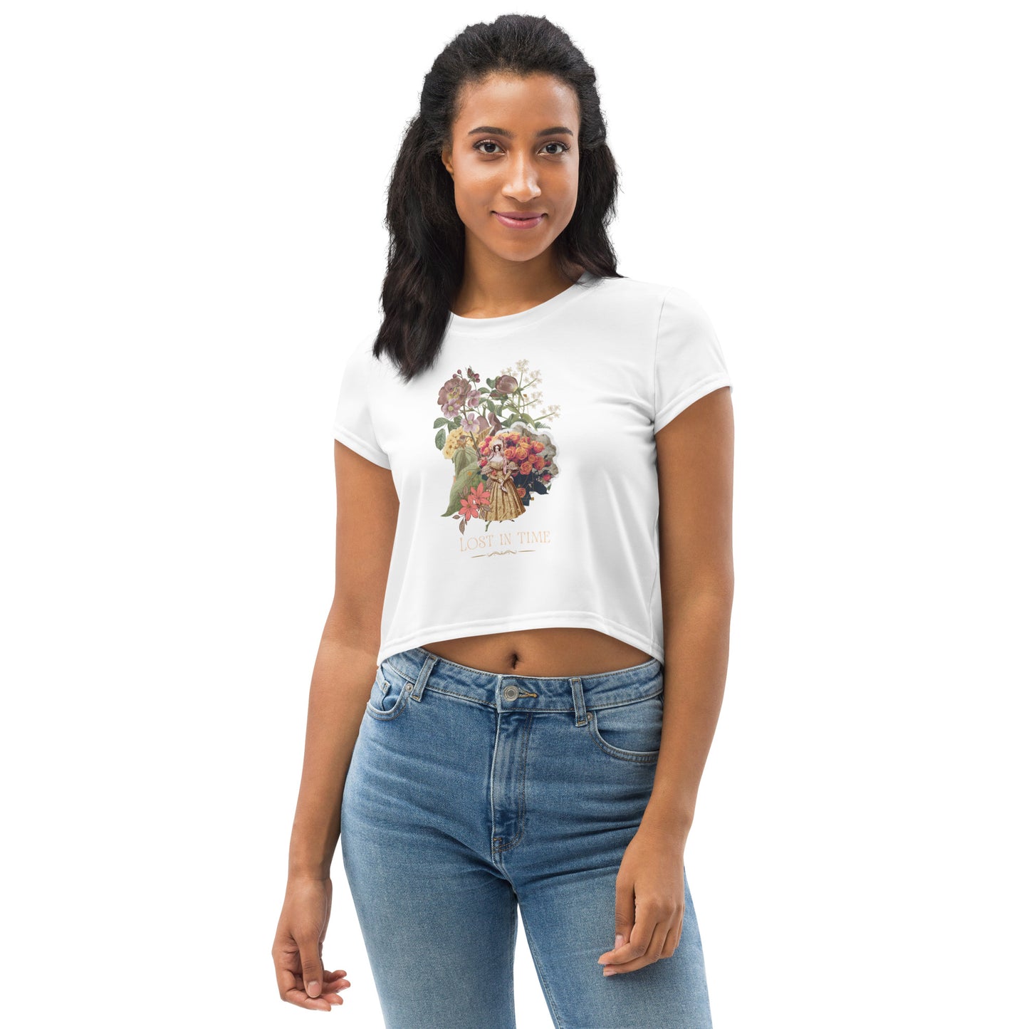 Beautiful Vintage Flowers Collage Lost In Time White Crop Top