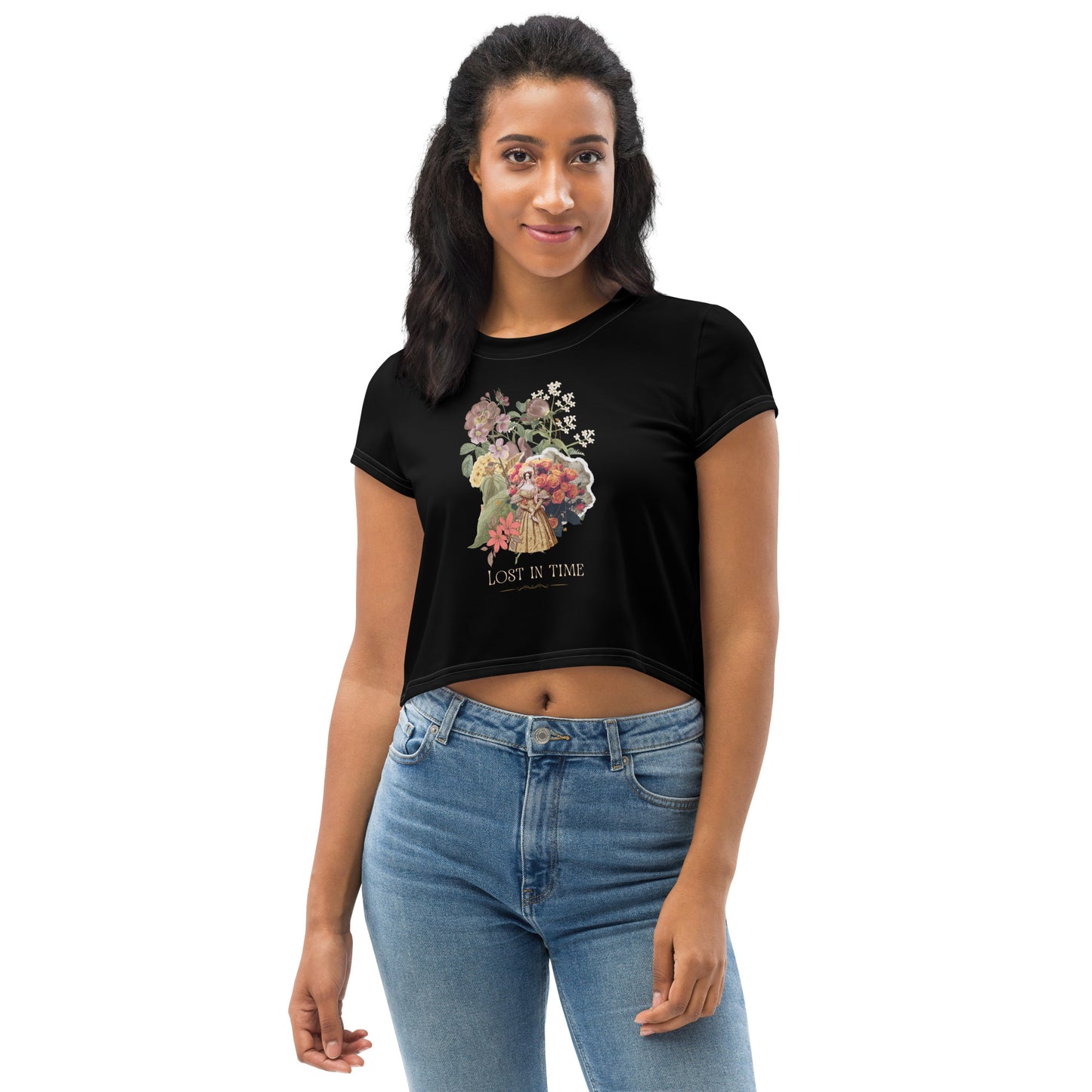 Beautiful Vintage Flowers Collage Lost In Time Black Crop Top