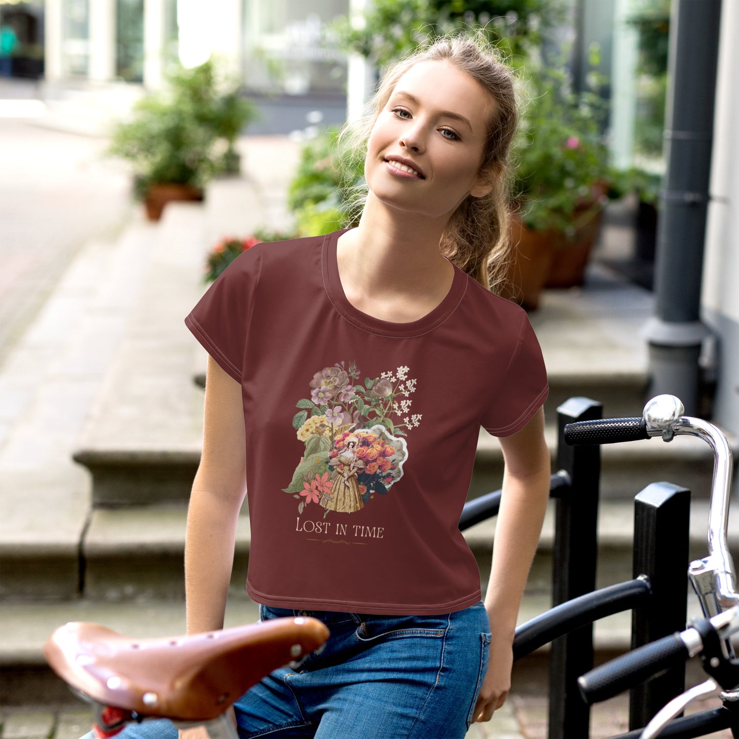 Beautiful Vintage Flowers Collage Lost In Time Maroon Crop Top