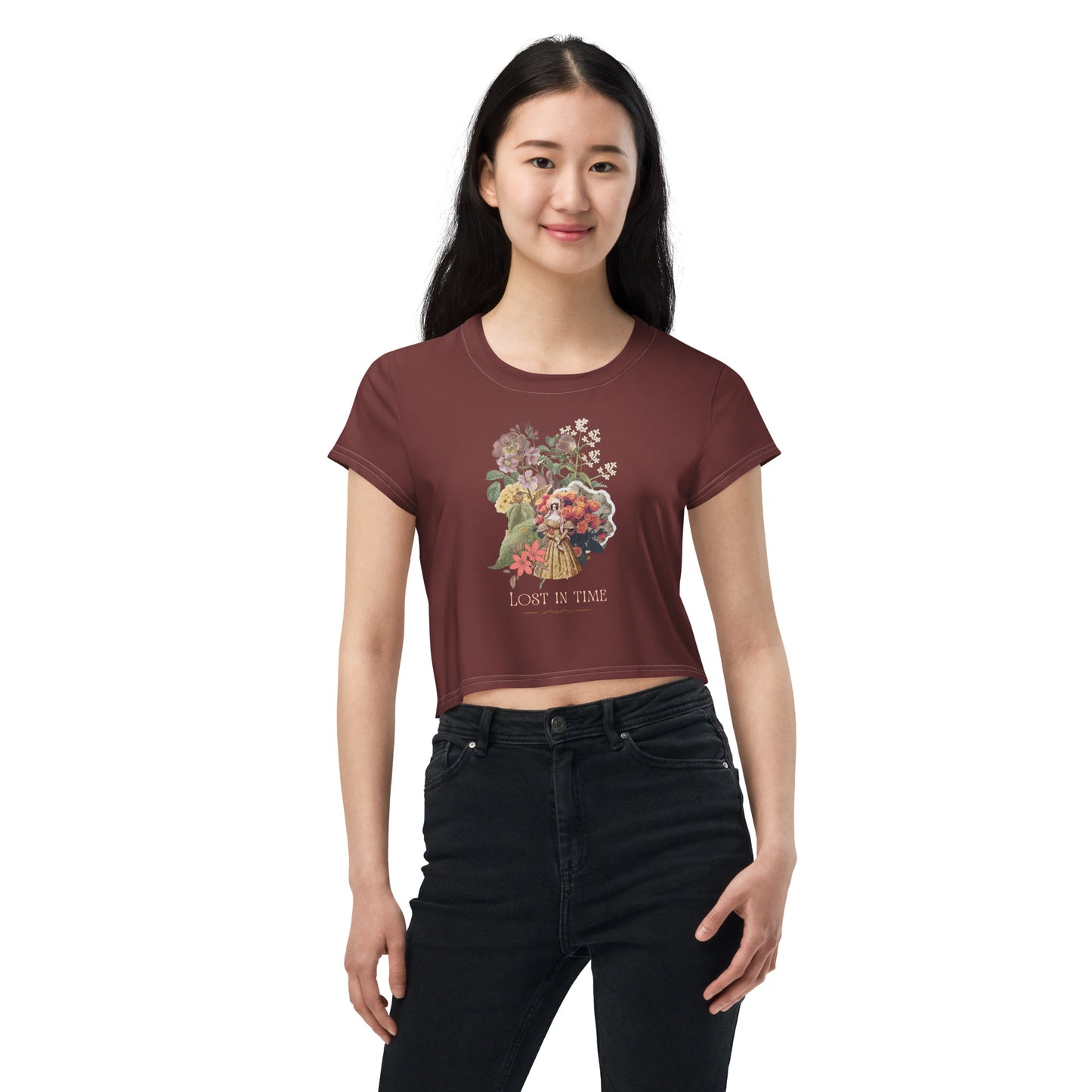 Beautiful Vintage Flowers Collage Lost In Time Maroon Crop Top