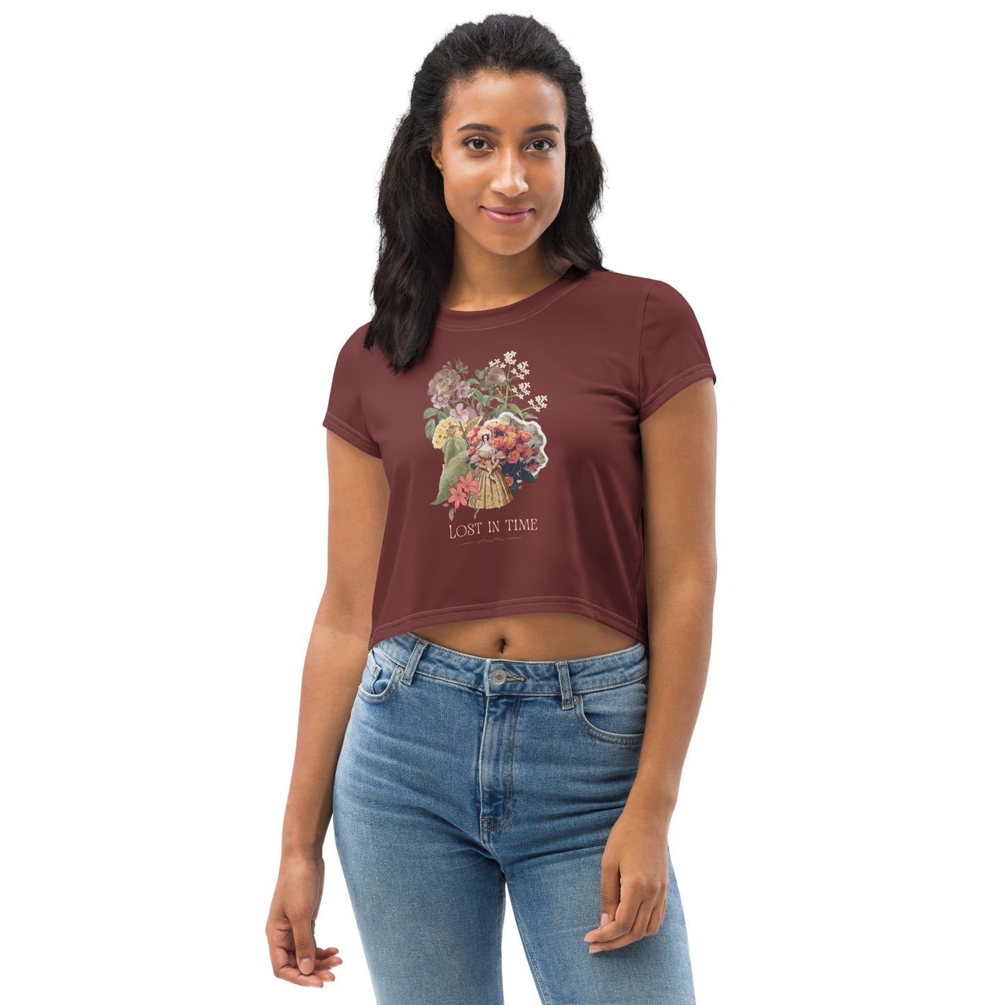 Beautiful Vintage Flowers Collage Lost In Time Maroon Crop Top