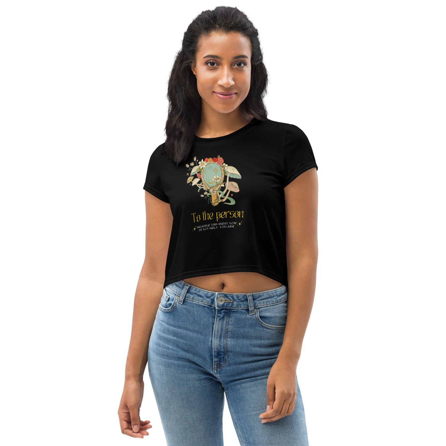 Beautiful Funny Vintage Fantasy Floral Mushrooms Mirror Black Crop Top