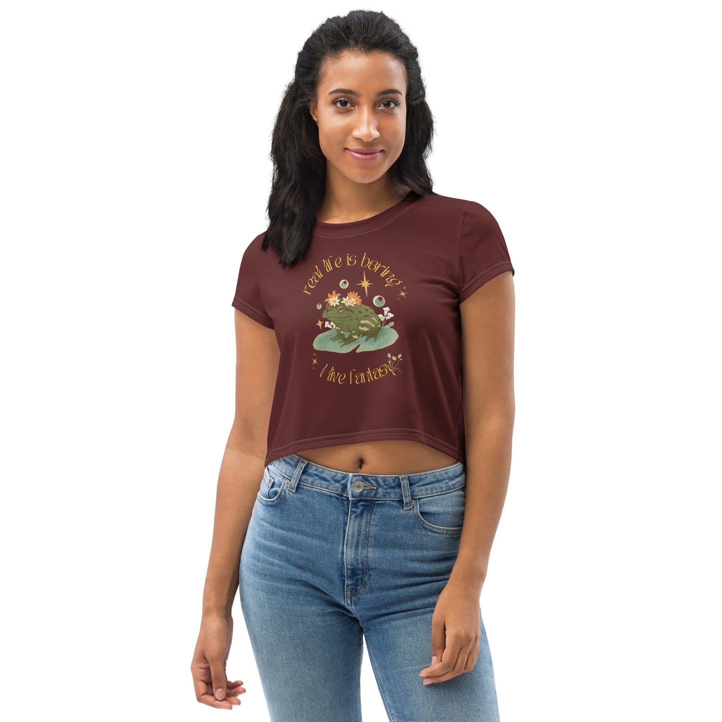 Beautiful Magical Frog Wizard  I Live Fantasy Maroon Crop Top