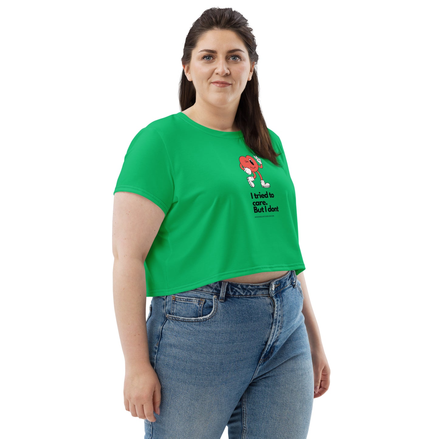 Cute Funny I Don't Care Retro Heart Green Crop Top