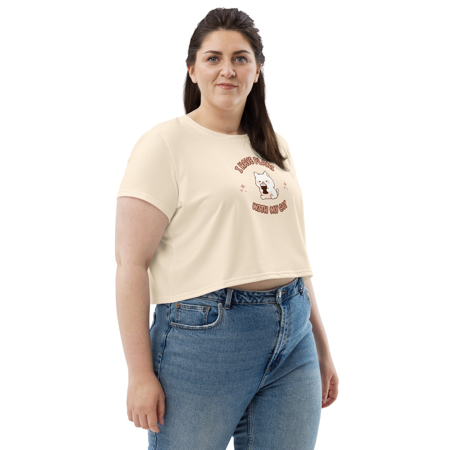 Kawaii Funny Anime Cartoon I Have Plans With My Cat Beige Crop Top