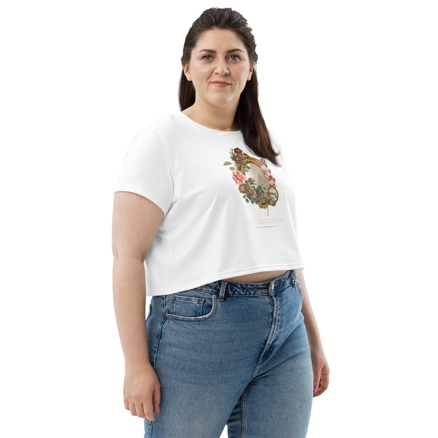 Beautiful Vintage Mirror Flowers I am Beautiful White Crop Top