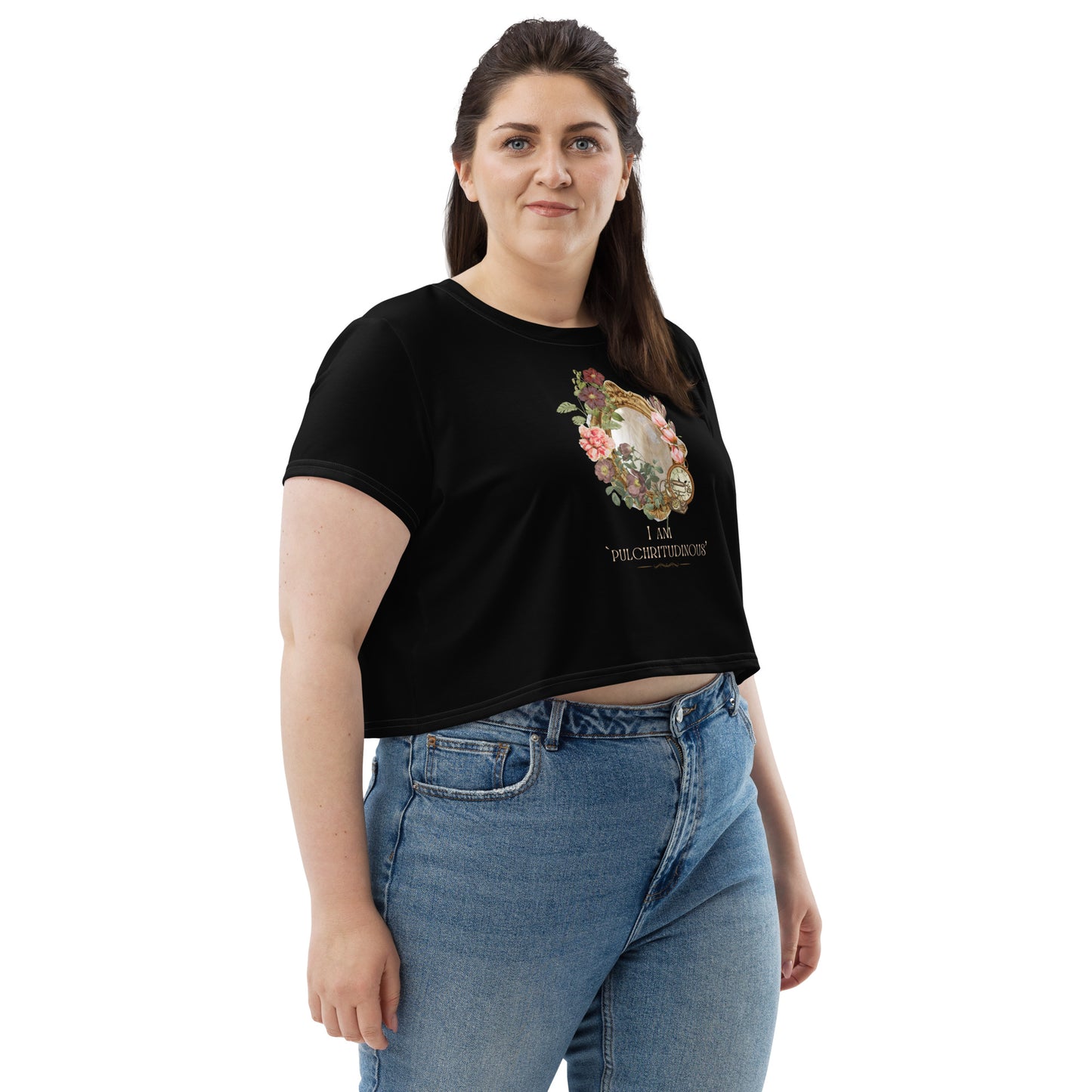 Beautiful Vintage Mirror Flowers I am Beautiful Black Crop Top