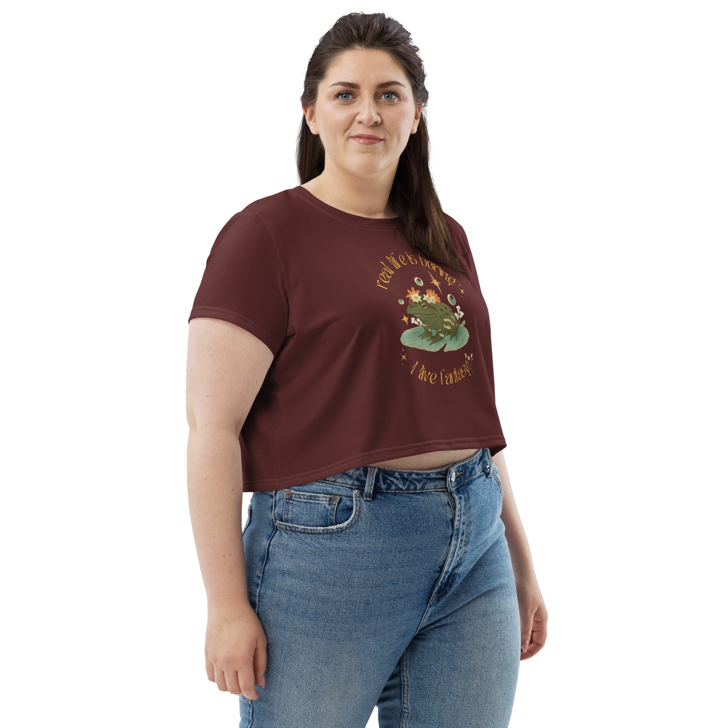 Beautiful Magical Frog Wizard  I Live Fantasy Maroon Crop Top