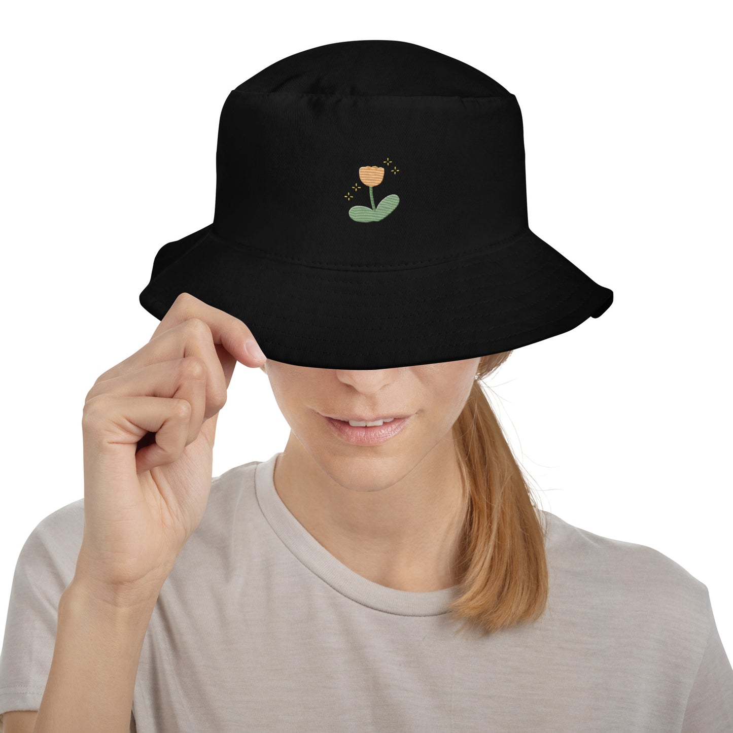 Adorable Yellow Tulip Hand Embroidered Bucket Hat