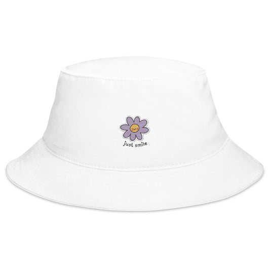 Adorable Purple Doodle Flower Just Smile Hand Embroidered Bucket Hat